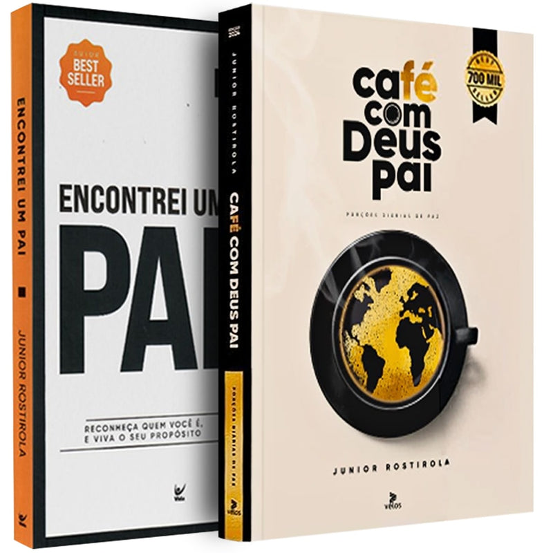 Kit de 2 livros "Paternidade e Paz" de Junior Rostirola, capas branca e bege com xícara de café. — Plenitude