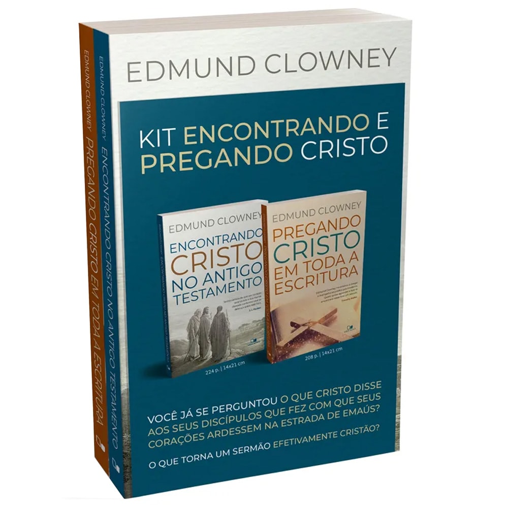 Kit de livros Encontrando e Pregando Cristo, de Edmund Clowney, em azul com duas capas de livros menores. — Plenitude