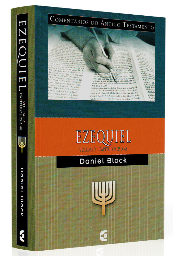 Livro Comentários do Antigo Testamento, Ezequiel, Vol. 2 Cap. 25 a 48, por Daniel Block, capa verde e bege com imagem de escrita antiga. — Plenitude