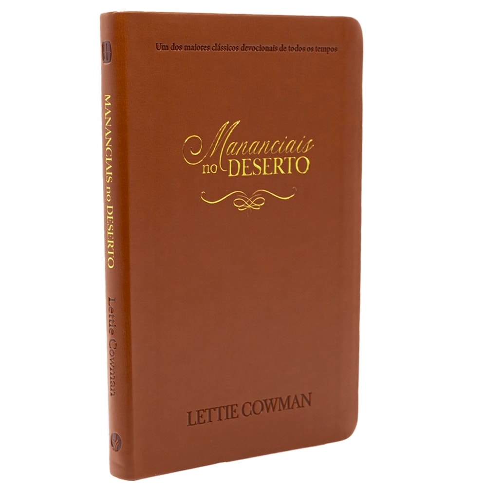 Livro Mananciais no Deserto, capa de couro marrom com título dourado. — Plenitude
