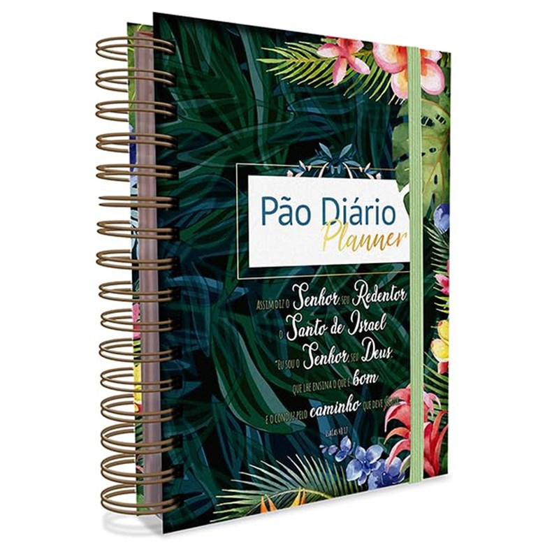 Planner Pão Diário, capa dura espiral com estampa de folhas verdes e flores, e citação bíblica. — Plenitude