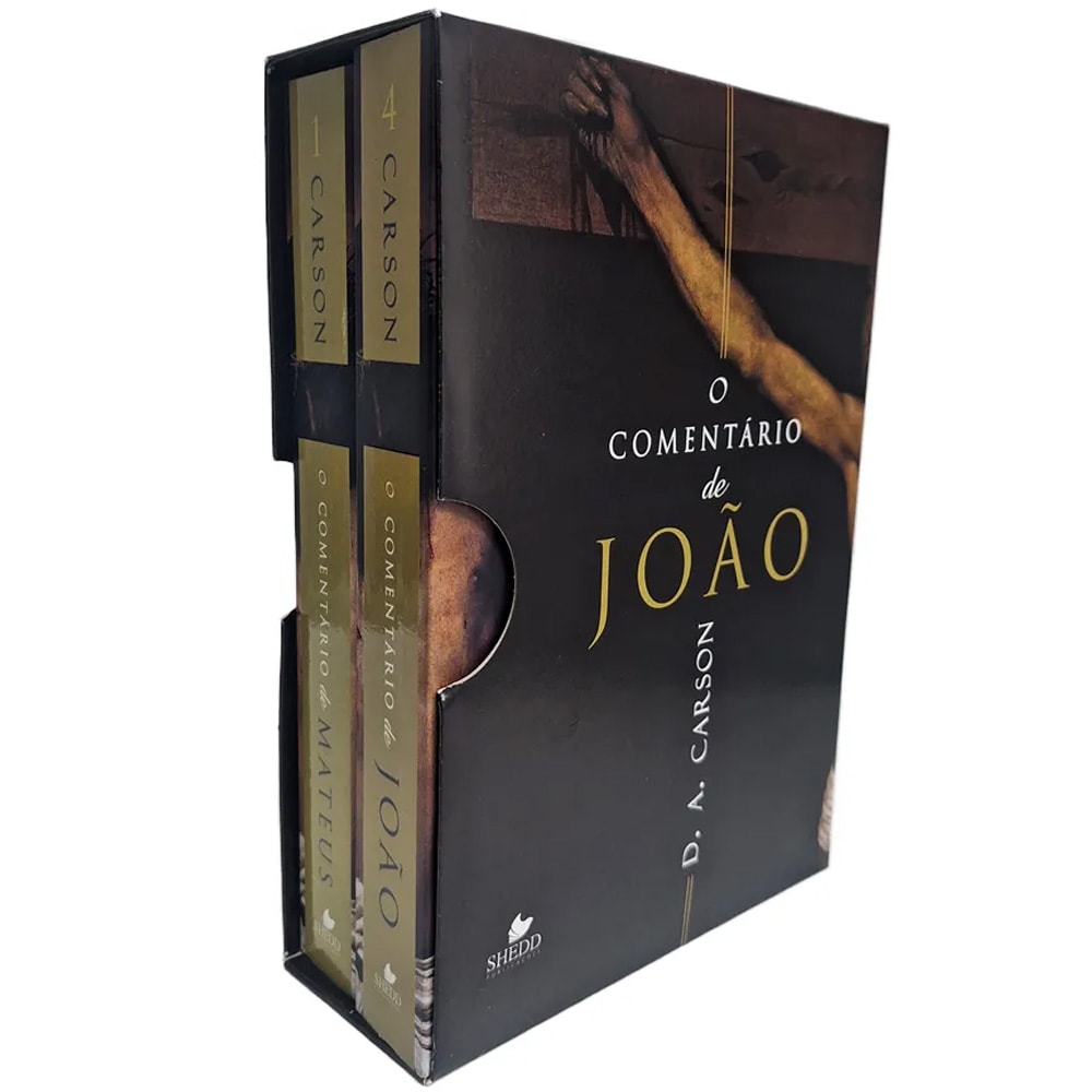 Box de livros Box Comentário de Mateus e João, com capas pretas e detalhes dourados, exibindo a lateral e a capa frontal. — Plenitude