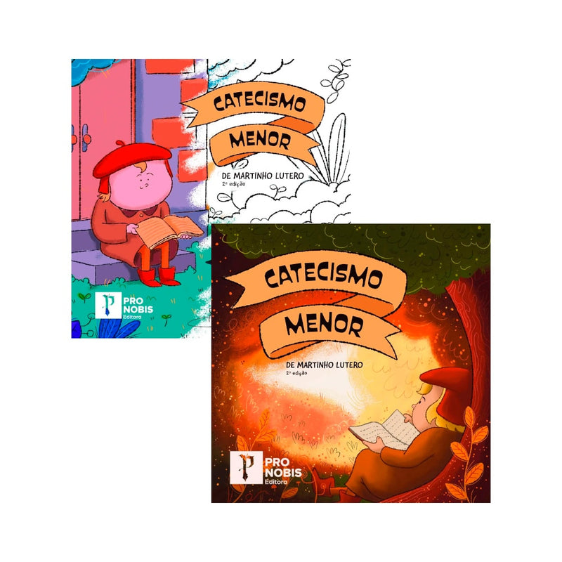 Kit com dois livros infantis "Catecismo Menor de Martinho Lutero | Ilustrado | 2ª edição", capas coloridas com personagens. — Plenitude