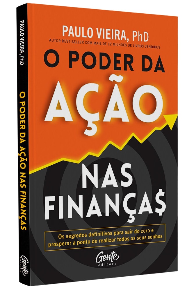 Capa do livro O Poder da Ação nas Finanças de Paulo Vieira, com título em branco e amarelo sobre fundo laranja. — Plenitude