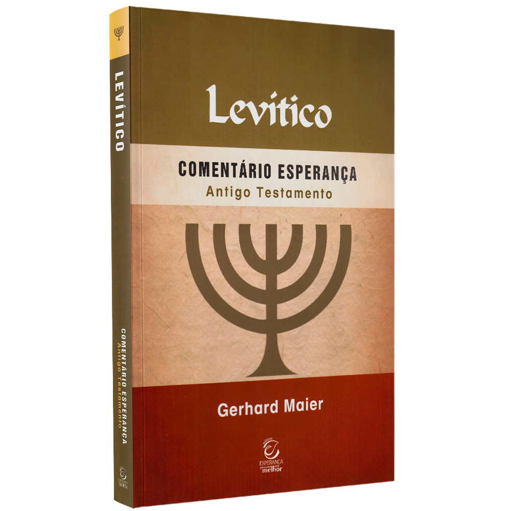 Livro Levítico, Comentário Esperança, capa marrom e vermelha com menorá dourada. — Plenitude