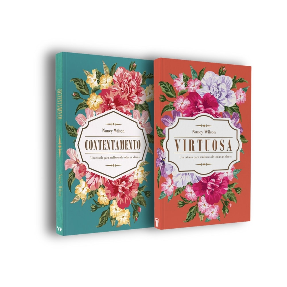 Kit Estudo para Mulheres | Nancy Wilson, com dois livros de capa dura, um verde-água e outro vermelho, com ilustrações florais. — Plenitude