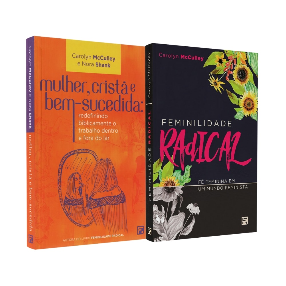 Kit Feminilidade | Carolyn McCulley, com dois livros de capa mole, um laranja e outro preto, com ilustrações florais. — Plenitude