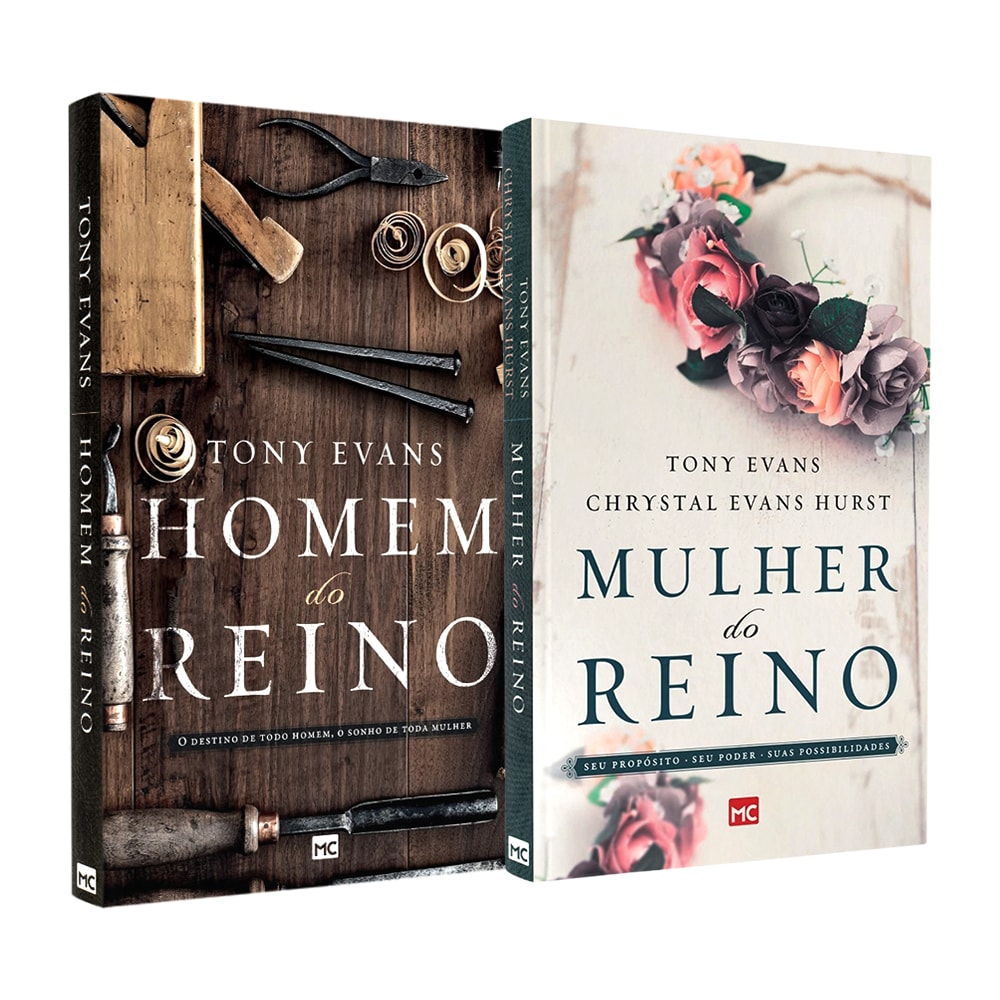 Kit de livros Homem do Reino e Mulher do Reino, de Tony Evans. Capas com texturas de madeira e flores. — Plenitude