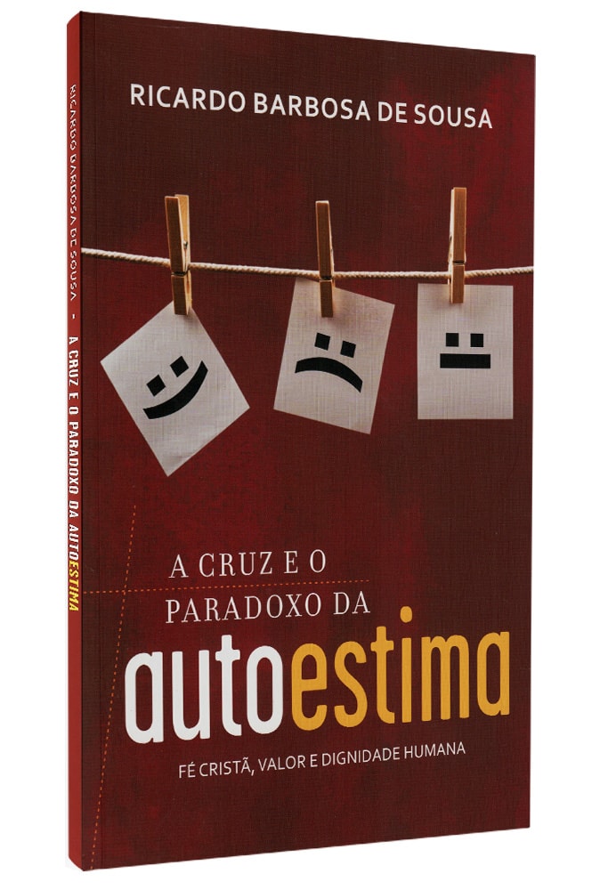 Livro A Cruz e o Paradoxo da Autoestima de Ricardo Barbosa de Sousa, capa vermelha com fotos penduradas. — Plenitude