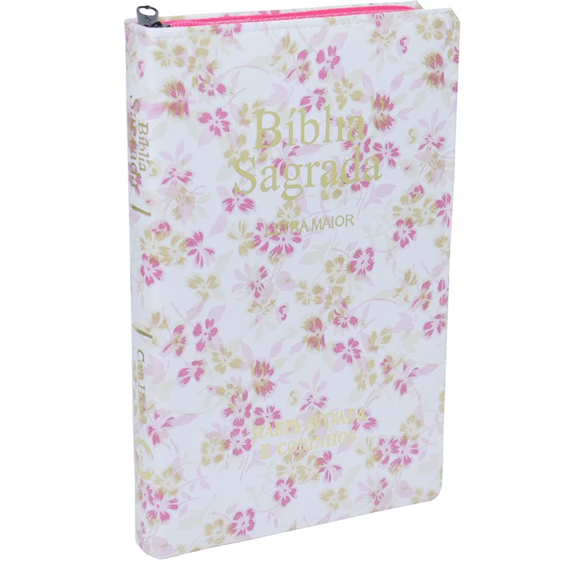 Bíblia Sagrada Slim C/ Zíper | ARC | Letra Maior | Capa Luxo Floral Rosa