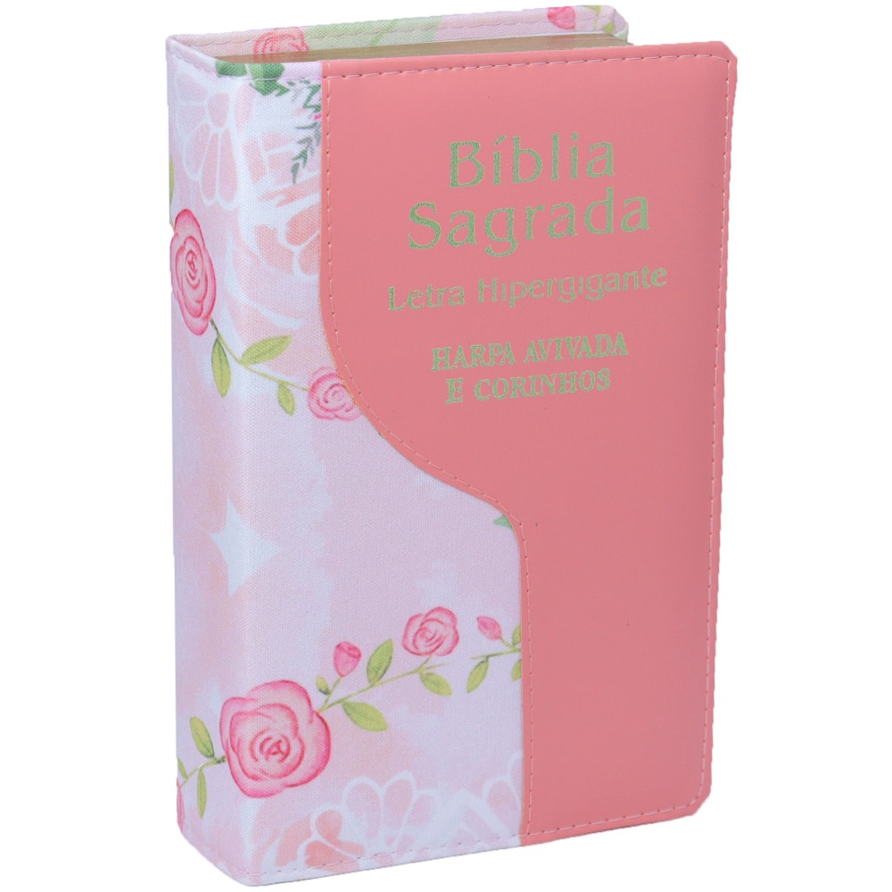 Bíblia Sagrada ARC, letra hipergigante, capa luxo bicolor salmão com estampa floral e Harpa e Corinhos — Plenitude