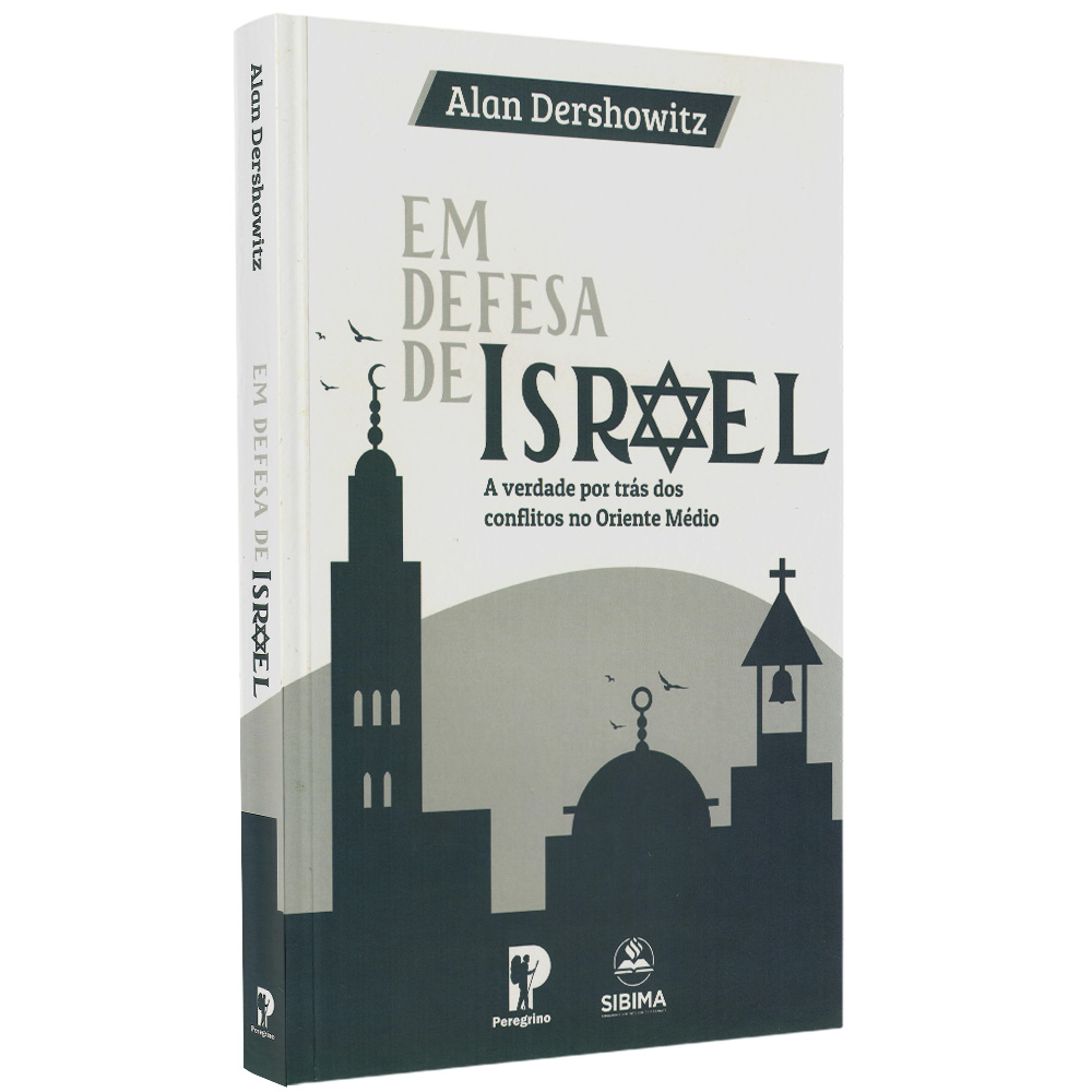 Livro Em Defesa de Israel de Alan Dershowitz, capa branca com silhuetas de construções e pássaros. — Plenitude
