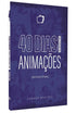 Capa de livro, "Devocional 40 Dias no Mundo das Animações", azul com colagem de personagens. — Plenitude