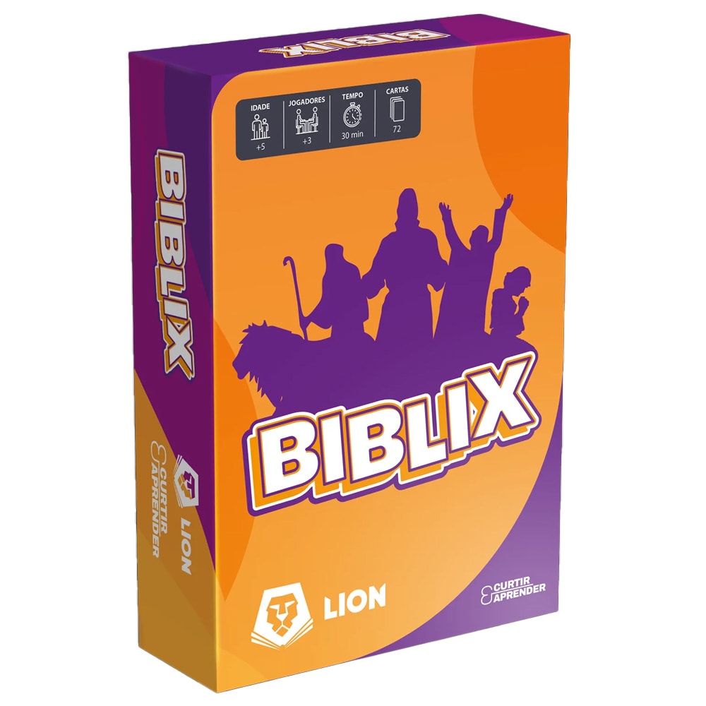 Jogo de Cartas Biblix, da Curtir e Aprender, caixa laranja e roxa com silhuetas bíblicas. — Plenitude