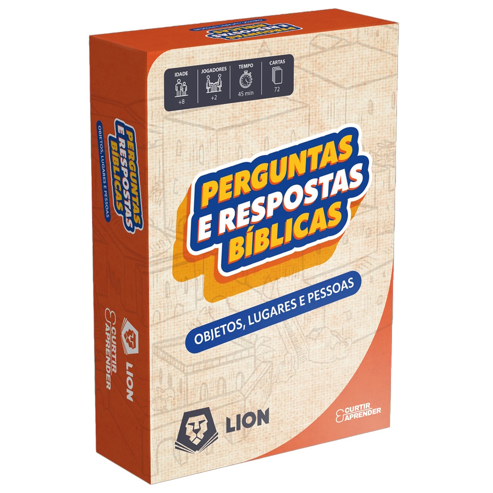 Jogo de Cartas Perguntas e Respostas Bíblicas, da Curtir e Aprender, caixa laranja e marrom. — Plenitude