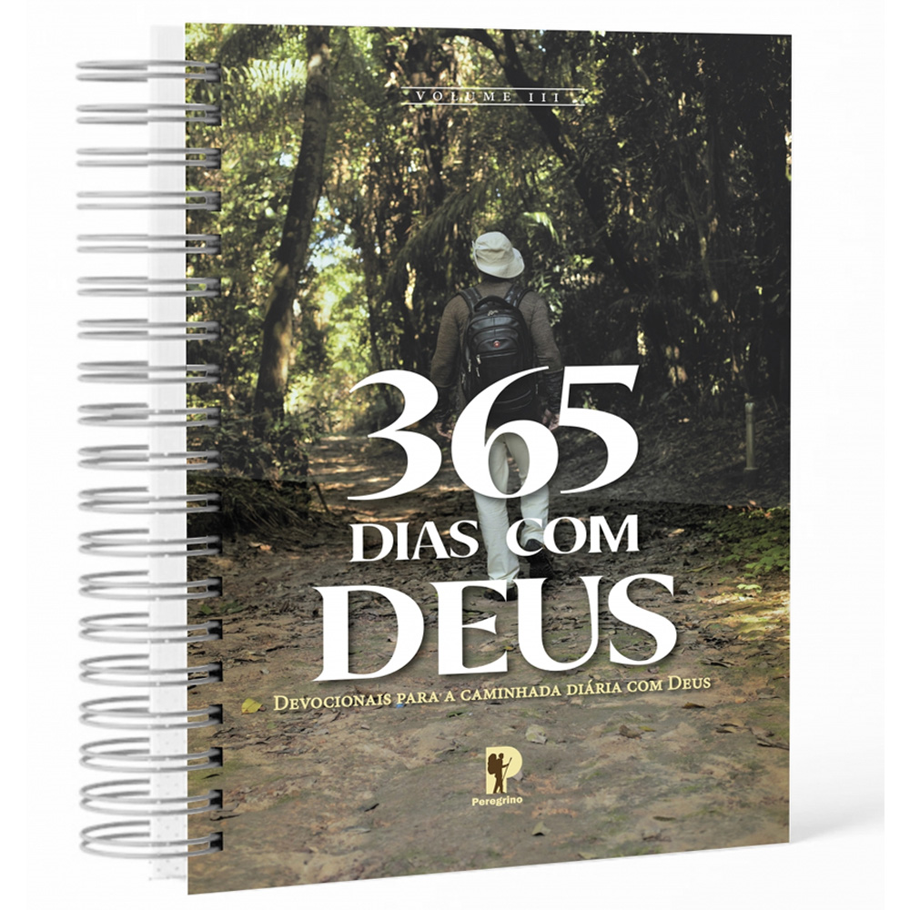 Devocional 365 Dias com Deus, volume 3, capa espiral com imagem de pessoa caminhando em floresta. — Plenitude