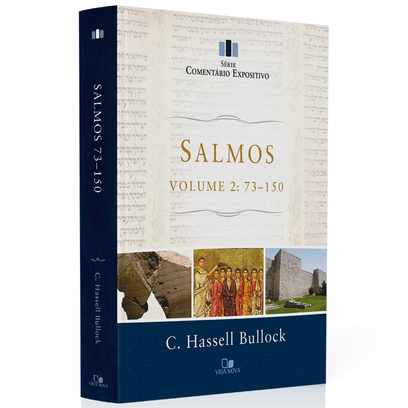 Livro Comentário Expositivo Salmos Vol. 2, capa azul-marinho com detalhes em branco e imagens antigas. — Plenitude