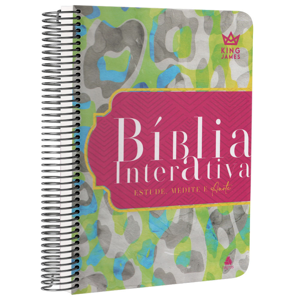 Bíblia Interativa King James, capa dura espiral com estampa animal print colorida, fundo rosa com "Bíblia Interativa" em branco — Plenitude