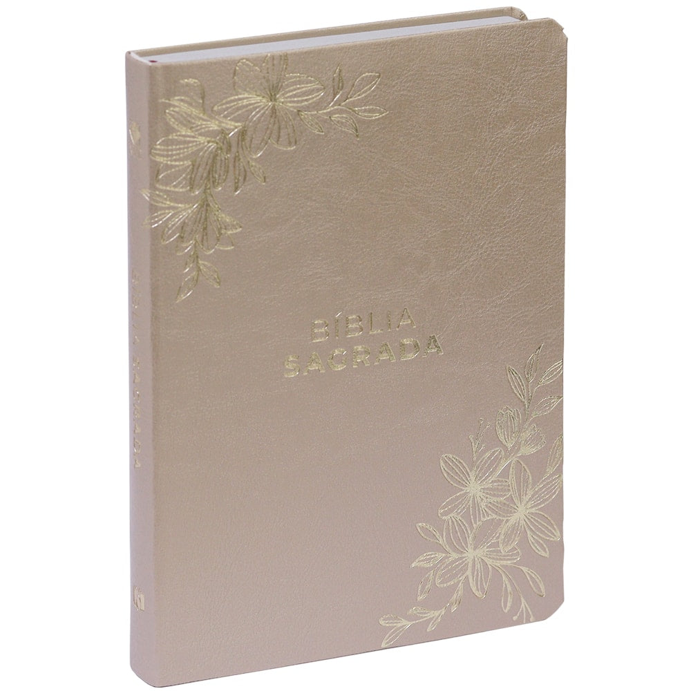 Bíblia Sagrada NVT, capa champagne luxo com flores douradas, letra maior. — Plenitude