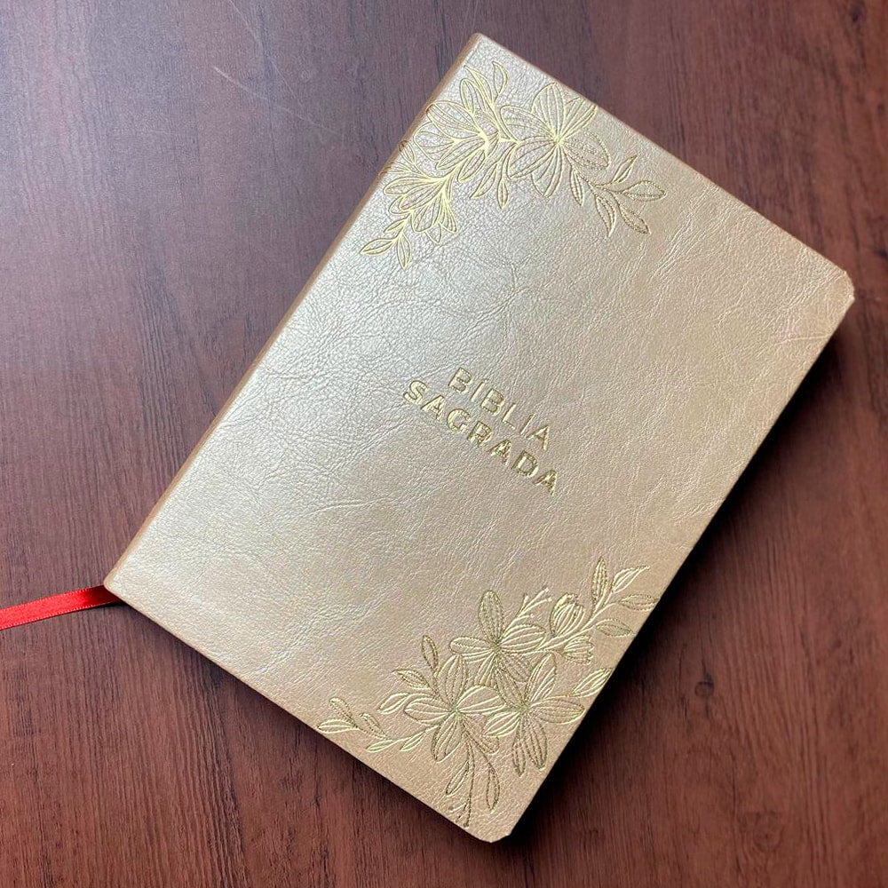 Bíblia Sagrada Flores Douradas Slim | NVT | Letra Maior | Capa Luxo Dourada