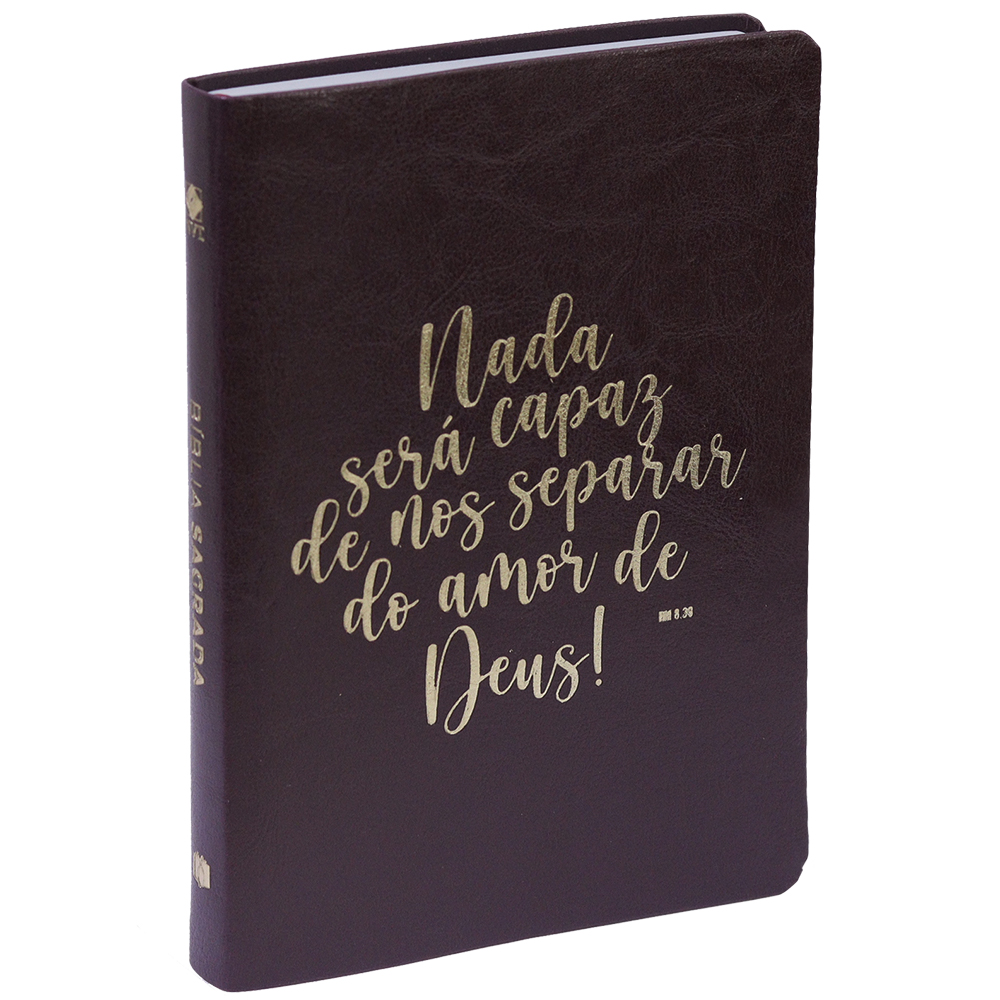 Bíblia Sagrada NVT Slim, capa luxo vinho com frase "Nada será capaz de nos separar do amor de Deus!" em dourado. — Plenitude