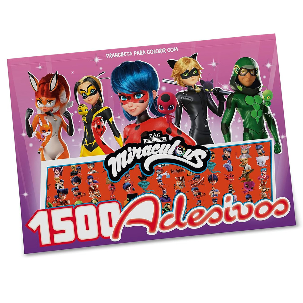 Prancheta para Colorir Ladybug Miraculous com 1500 Adesivos, capa rosa com personagens. — Plenitude