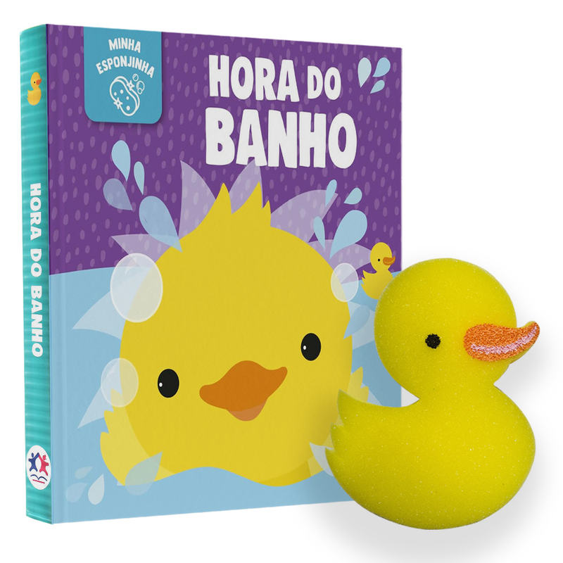 Livro de banho "Hora do Banho" da Ciranda Cultural, capa roxa com um patinho amarelo e um patinho de borracha. — Plenitude