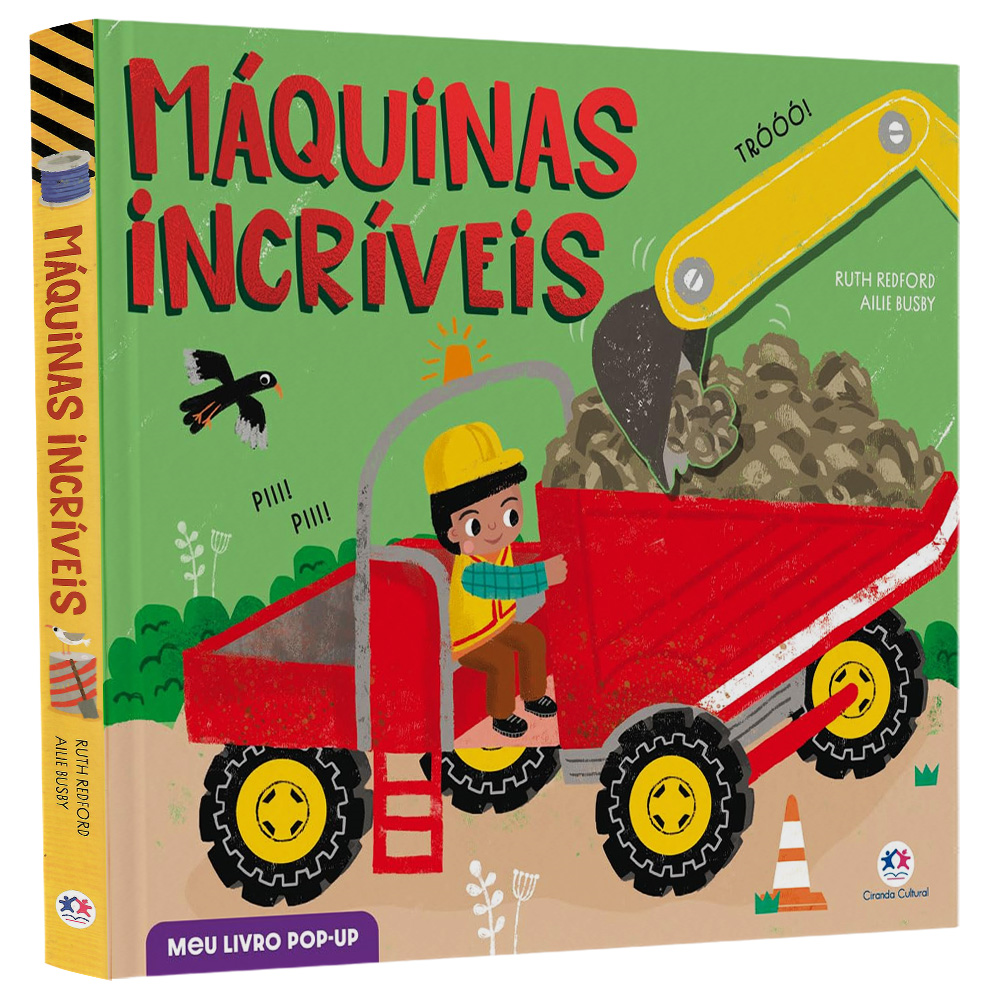 Livro pop-up "Máquinas Incríveis" de Ruth Redford e Ailie Busby, capa verde com um caminhão de construção. — Plenitude
