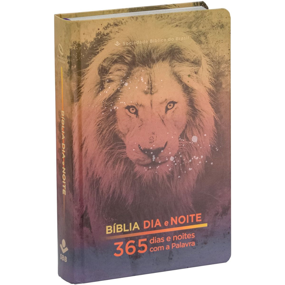 Bíblia 365 Dia e Noite NAA, capa dura com leão em tons quentes e frios, detalhes de pontos brancos. — Plenitude