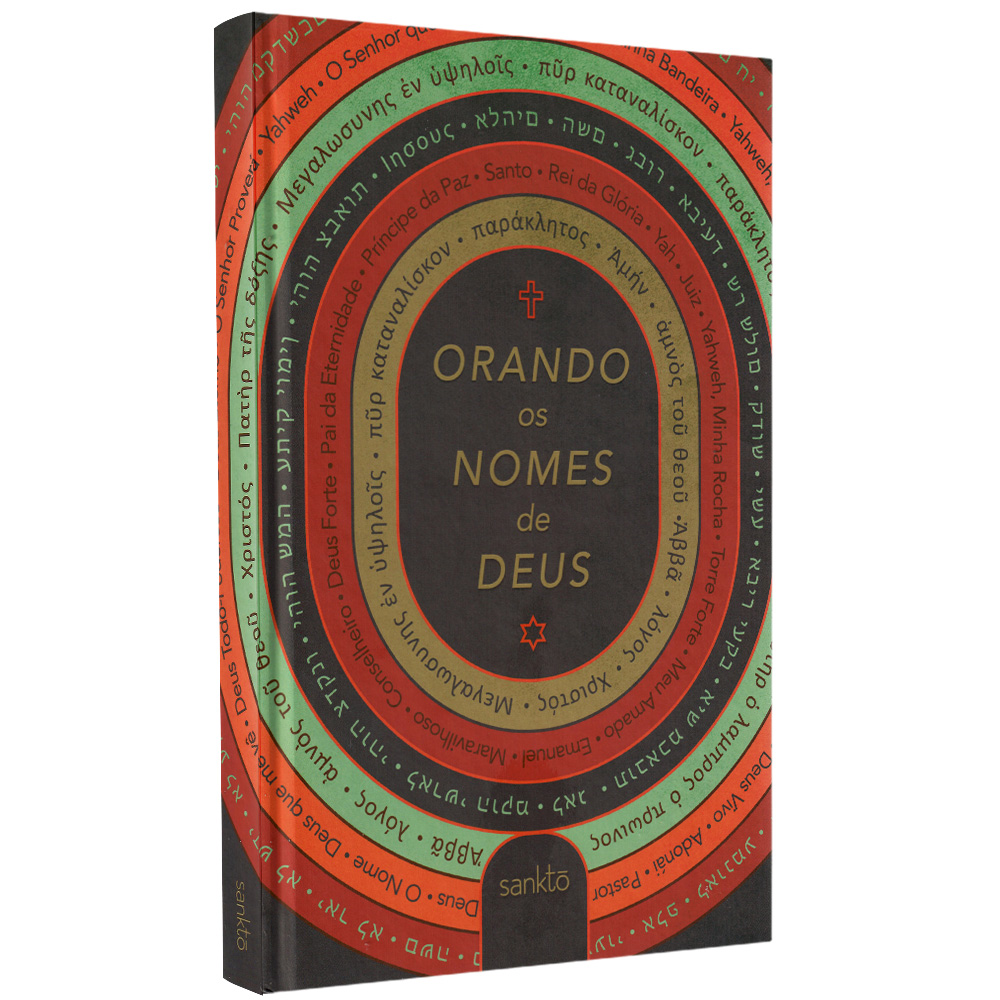 Livro Orando os Nomes de Deus, capa dura colorida com círculos e nomes de Deus em várias línguas. — Plenitude