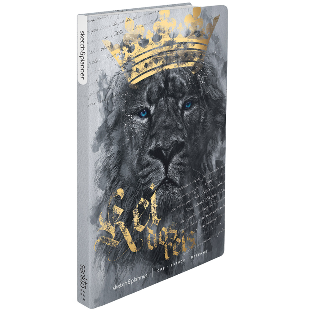 Sketch e Planner | Capa Brochura Leão Reis dos Reis | Capa cinza com ilustração de um leão e coroa dourada — Plenitude