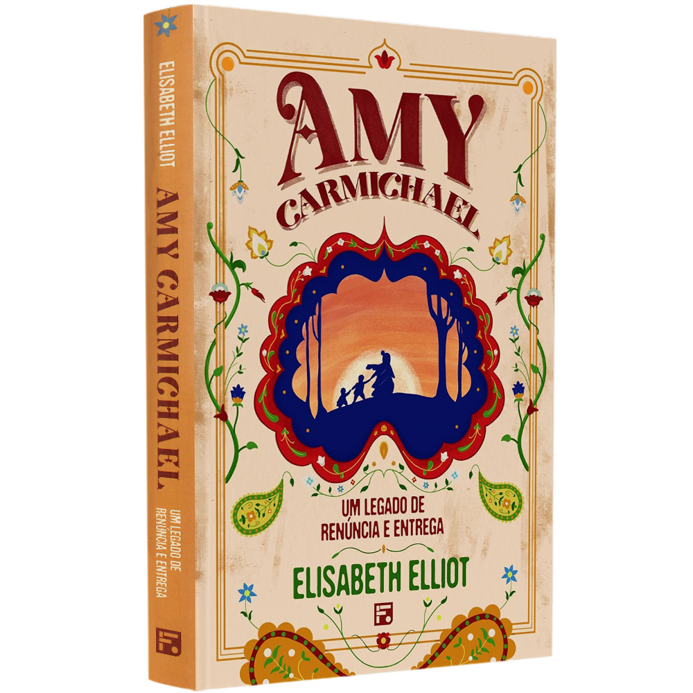 Livro "Amy Carmichael" de Elisabeth Elliot, capa ilustrada em tons terrosos com figuras e folhagens. — Plenitude