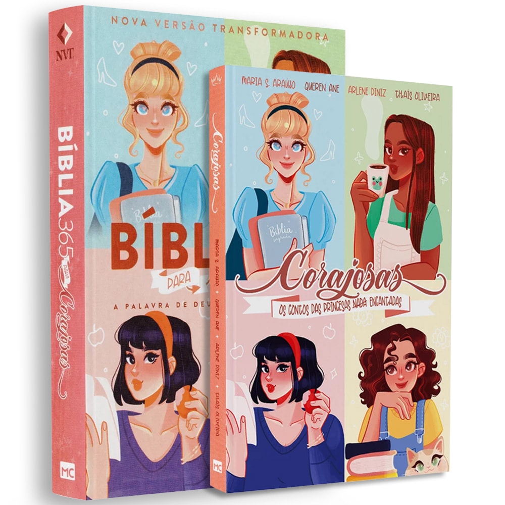 Kit de 2 livros 'Corajosas': Bíblia 365 (capa rosa com princesa) e Corajosas Os Contos Das Princesas N (capa rosa com várias princesas). — Plenitude