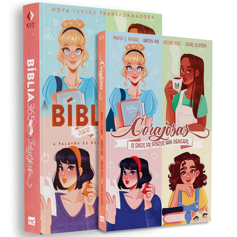 Kit de 2 livros 'Corajosas': Bíblia 365 (capa rosa com princesa) e Corajosas Os Contos Das Princesas N (capa rosa com várias princesas). — Plenitude