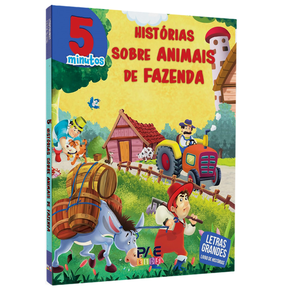 Livro Histórias Sobre Animais de Fazenda, capa ilustrada com fazendeiros e animais. — Plenitude
