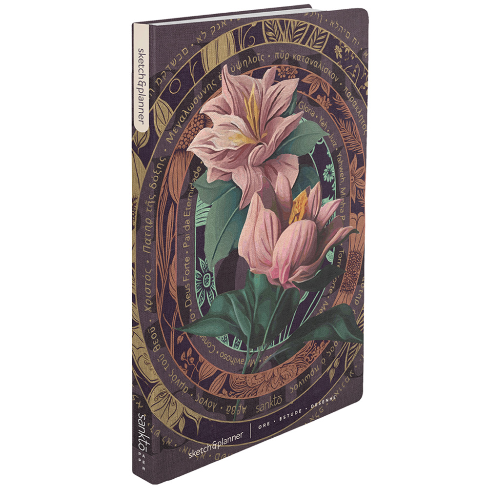 Sketch e Planner | Capa Brochura Nomes de Deus Floral | Capa roxa com flores e nomes de Deus em círculos — Plenitude
