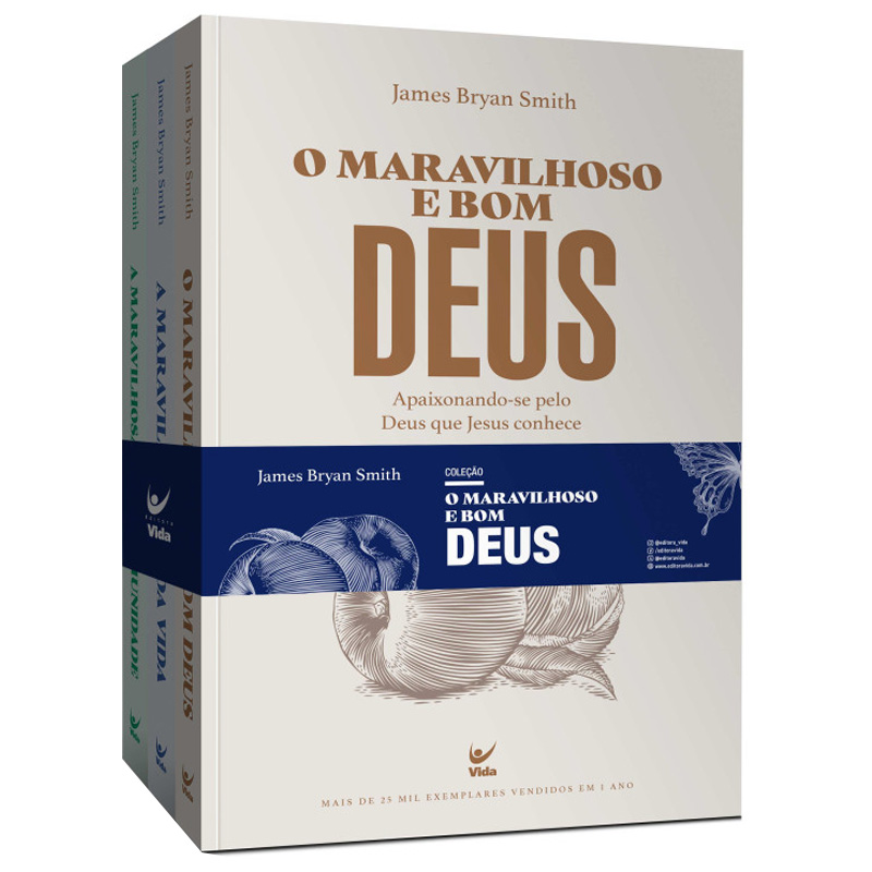 Coleção O Maravilhoso e Bom Deus, caixa com três livros, capa bege com ilustrações. — Plenitude