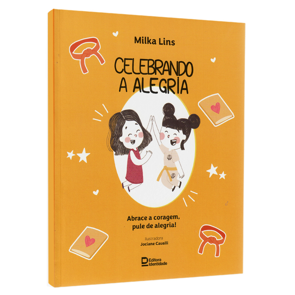 Livro infantil "Celebrando a Alegria" de Milka Lins, capa amarela com duas meninas sorrindo. — Plenitude