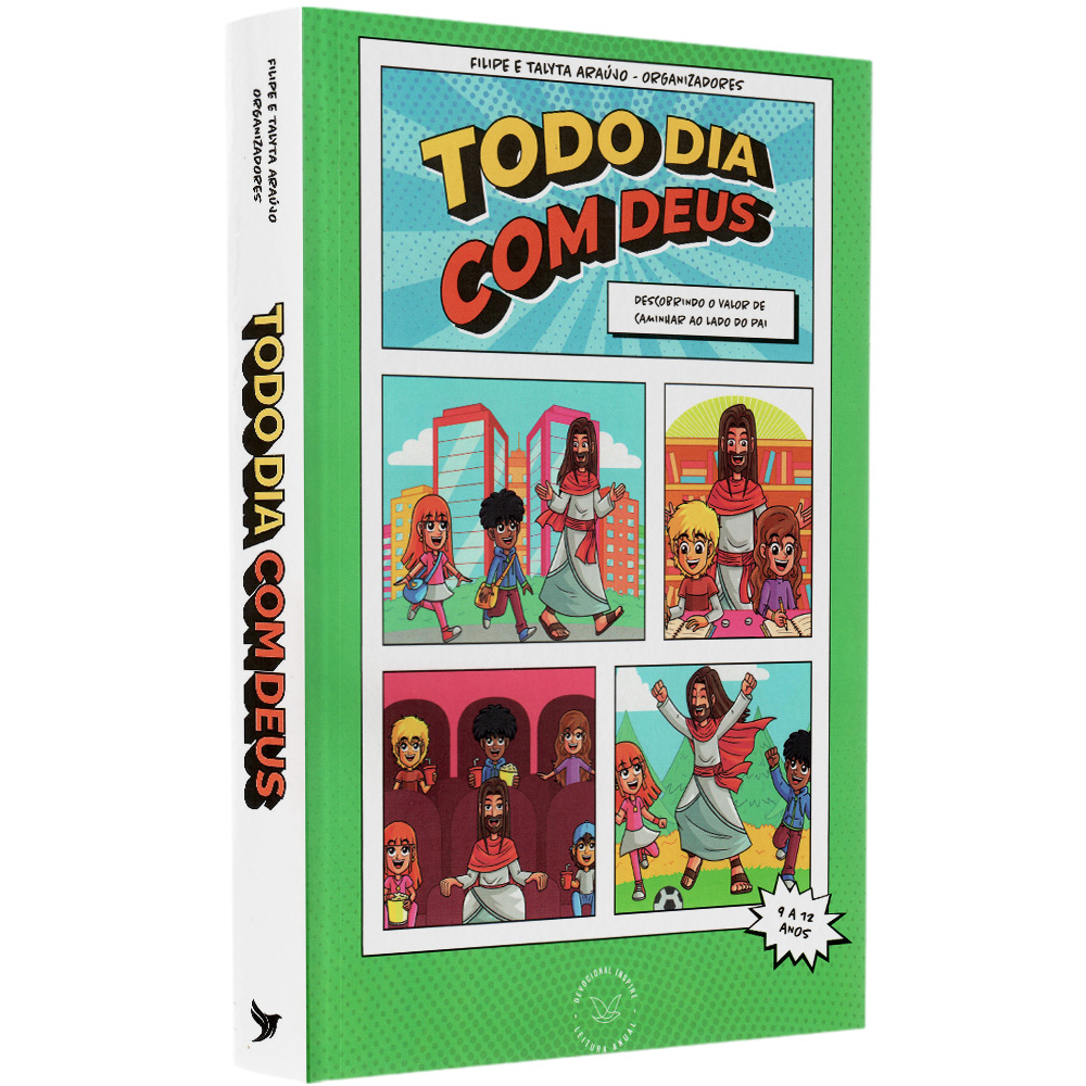 Livro Devocional todo dia com Deus Juniores, por Felipe e Talyta Araujo, capa colorida com ilustrações de crianças e Jesus. — Plenitude