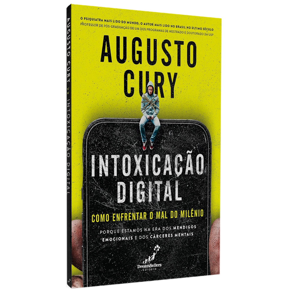 Livro Intoxicação Digital, de Augusto Cury, capa amarela e preta com pessoa sentada em celular. — Plenitude