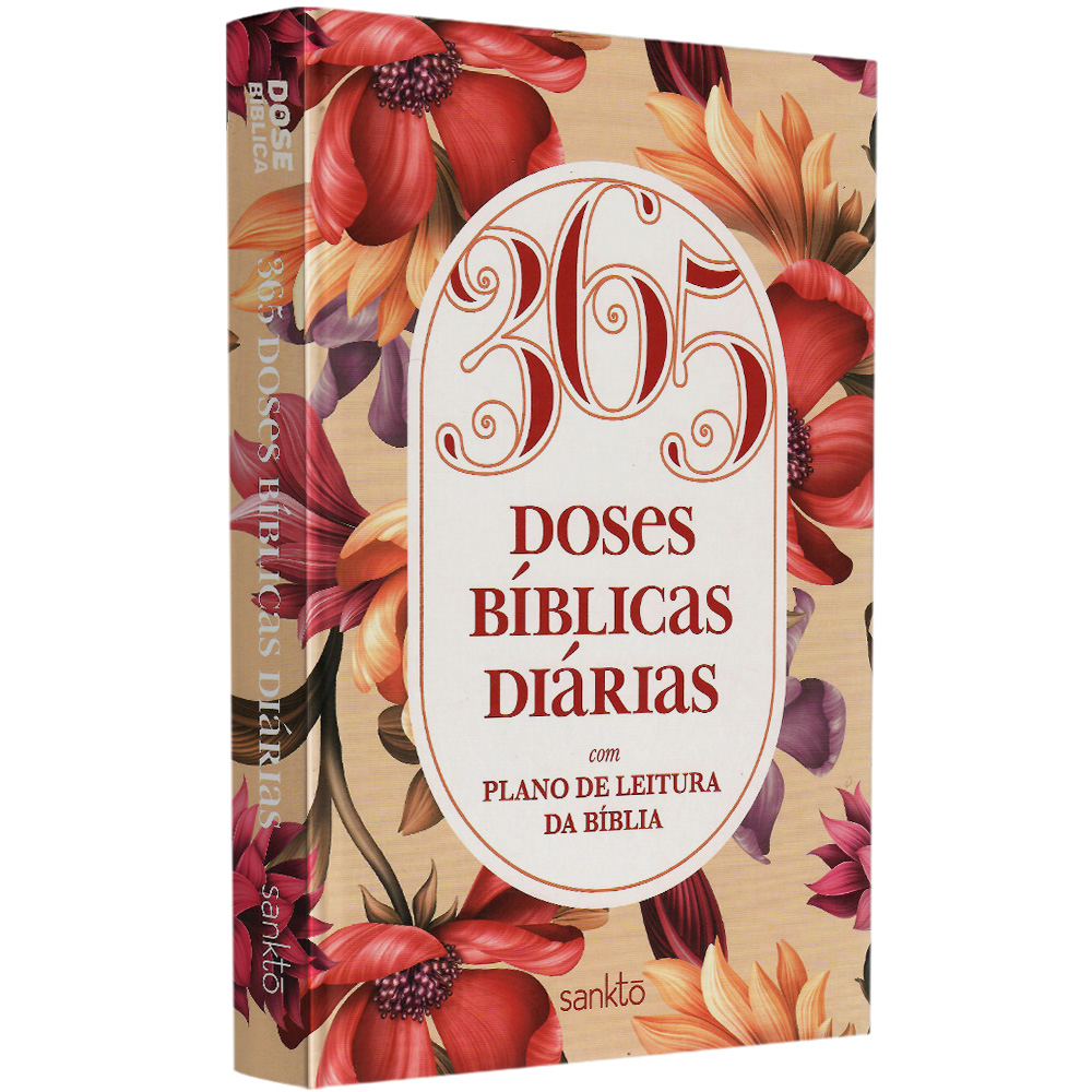 Livro Devocional 365 Doses Bíblicas Diárias, capa dura floral rosé com flores coloridas. — Plenitude