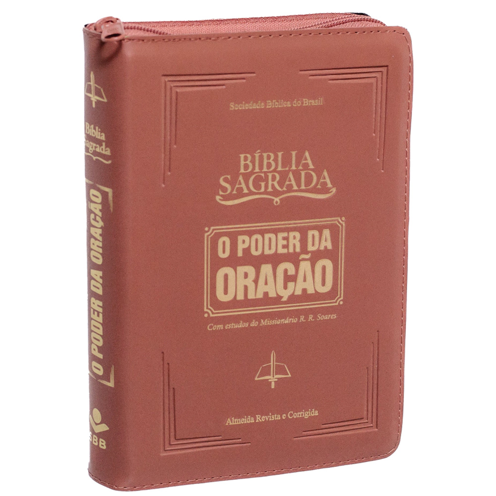 Bíblia Sagrada O Poder da Oração, Almeida Revista e Corrigida, capa semi luxo caramelo com zíper e letra normal. — Plenitude