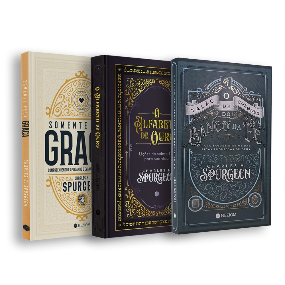 Kit de 3 livros de Charles H. Spurgeon, com capas em tons de bege, preto e azul escuro, com detalhes dourados. — Plenitude