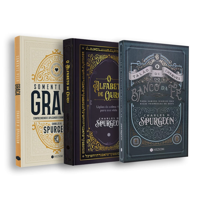 Kit de 3 livros de Charles H. Spurgeon, com capas em tons de bege, preto e azul escuro, com detalhes dourados. — Plenitude