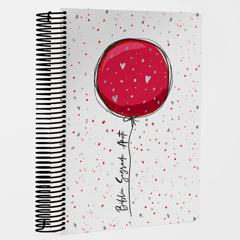 Bíblia Anote Espiral NVI, capa branca com balão vermelho, corações prateados e respingos de tinta. — Plenitude