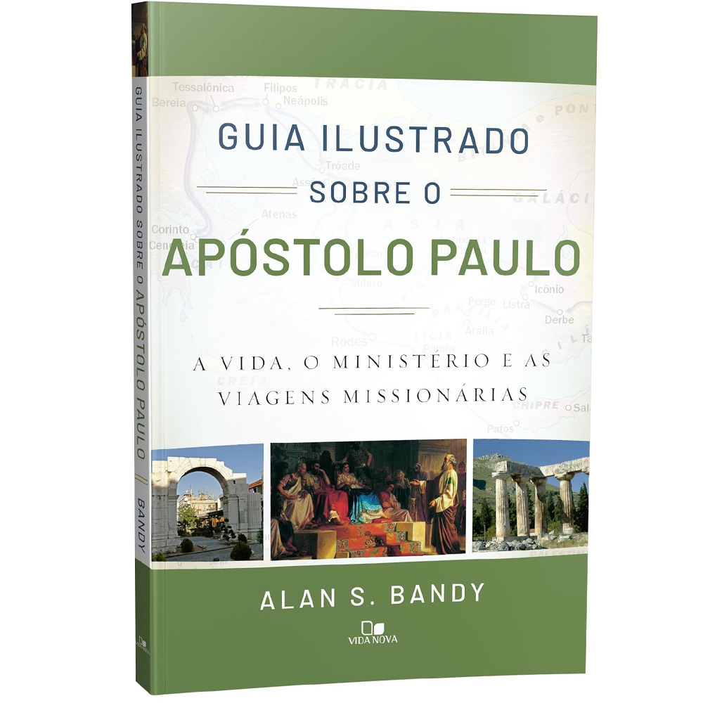Livro Guia Ilustrado Sobre o Apóstolo Paulo, capa com mapa antigo e imagens de cenas bíblicas. — Plenitude