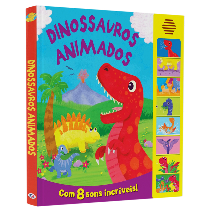 Livro Dinossauros Animados | Com 8 Sons Incríveis, capa azul com dinossauros e botões de som. — Plenitude