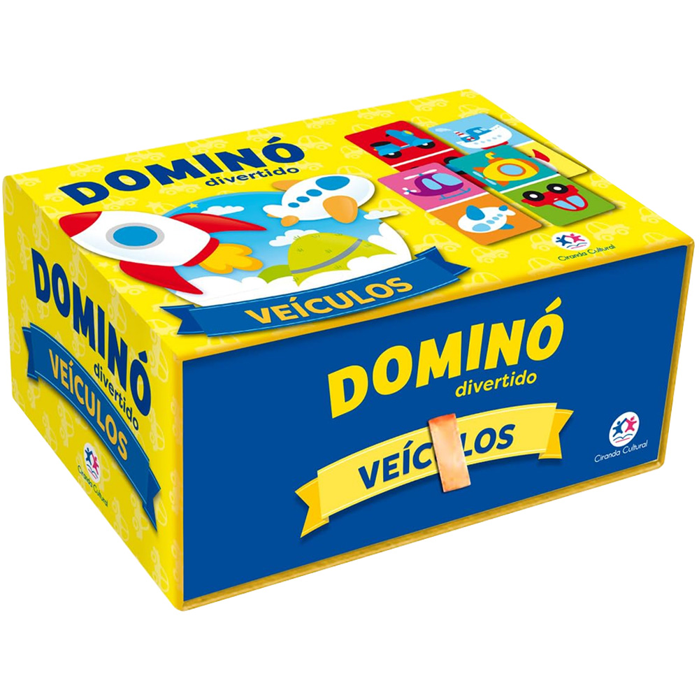 Jogo de dominó divertido de veículos, caixa amarela e azul com ilustração de foguete. — Plenitude