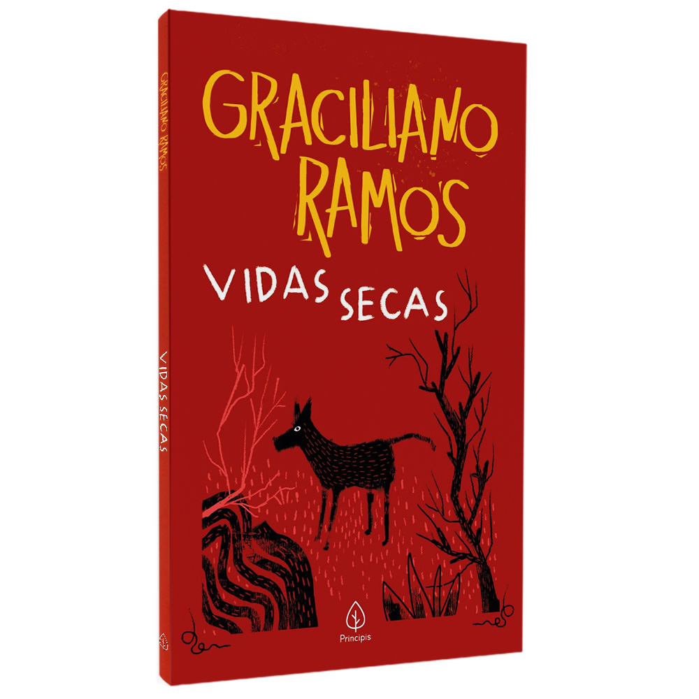 Livro Vidas Secas de Graciliano Ramos, capa vermelha com ilustração de cachorro e árvores secas. — Plenitude