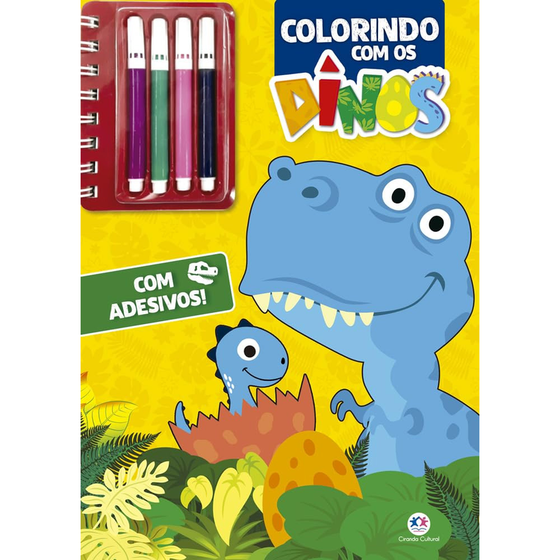 Livro Colorindo Com os Dinos | Com Adesivos, capa amarela com dinossauros e canetinhas. — Plenitude